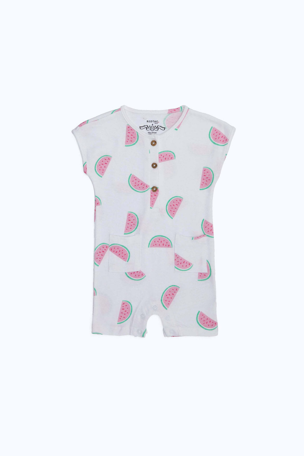 Redtag-Boys-White-Aop-T-Shirt-Romper-Category:Rompers,-Colour:White,-Deals:New-In,-Dept:New-Born,-Filter:Baby-(0-to-12-Mths),-NBB-Rompers,-New-In-NBB-APL,-Non-Sale,-S23B,-Section:Boys-(0-to-14Yrs)-Baby-0 to 12 Months