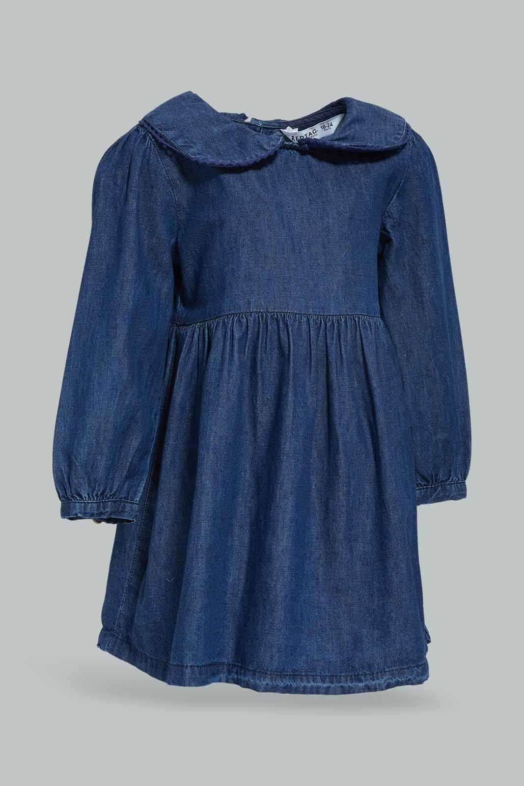 Redtag-Girls-Blue-Denim-Peter-Pan-Collar-Dress-Category:Dresses,-Colour:Blue,-Deals:New-In,-Dept:Girls,-Filter:Infant-Girls-(3-to-24-Mths),-ING-Dresses,-New-In-ING-APL,-Non-Sale,-S23A,-Section:Girls-(0-to-14Yrs)-Infant-Girls-3 to 24 Months