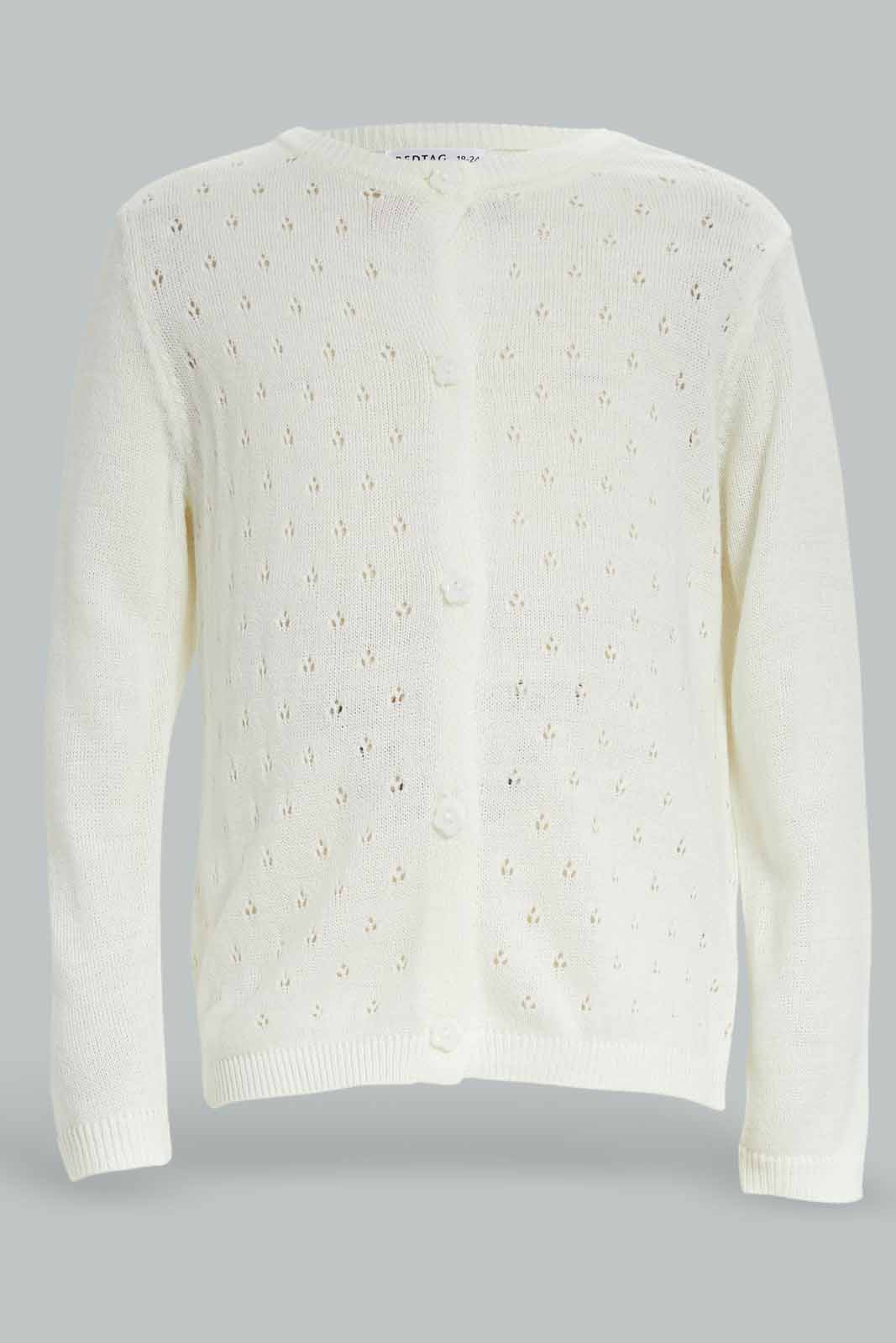 Redtag-Girls-Ivory-Solid-Knit-Cardigan-Category:Cardigans,-Colour:Ivory,-Deals:New-In,-Dept:Girls,-Filter:Infant-Girls-(3-to-24-Mths),-ING-Cardigans,-New-In-ING-APL,-Non-Sale,-S23A,-Section:Girls-(0-to-14Yrs)-Infant-Girls-