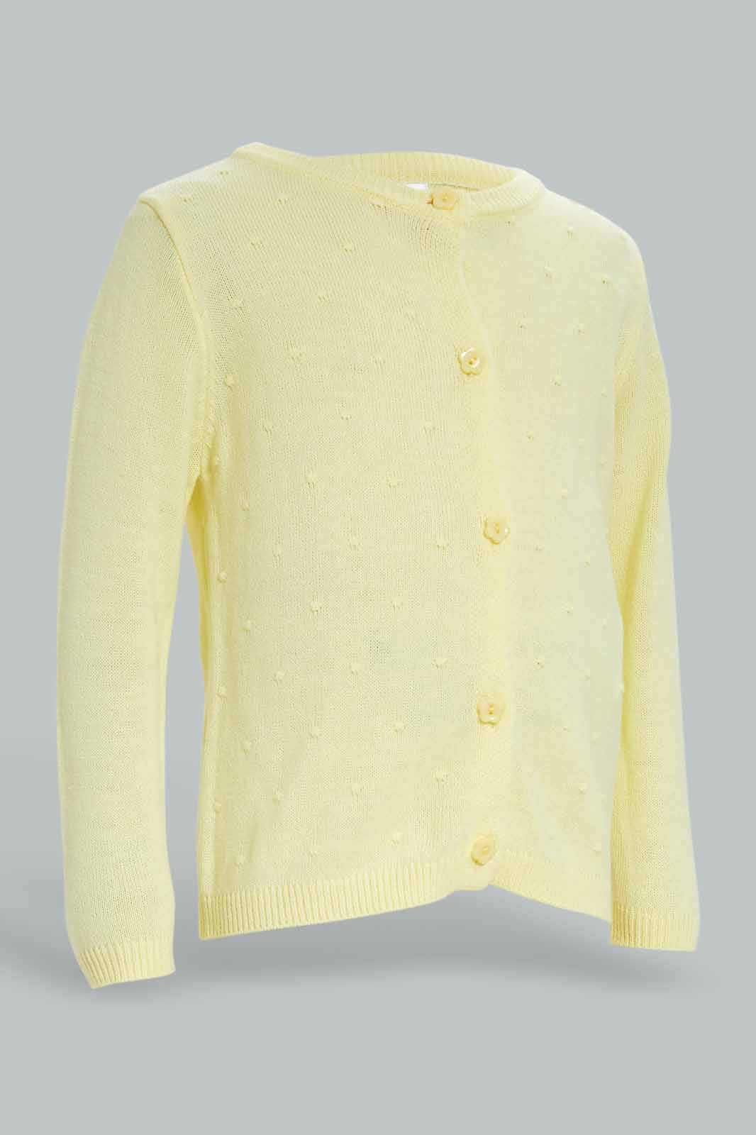 Redtag-Girls-Yellow-Solid-Knit-Cardigan-Category:Cardigans,-Colour:Yellow,-Deals:New-In,-Dept:Girls,-Filter:Infant-Girls-(3-to-24-Mths),-ING-Cardigans,-New-In-ING-APL,-Non-Sale,-S23A,-Section:Girls-(0-to-14Yrs)-Infant-Girls-