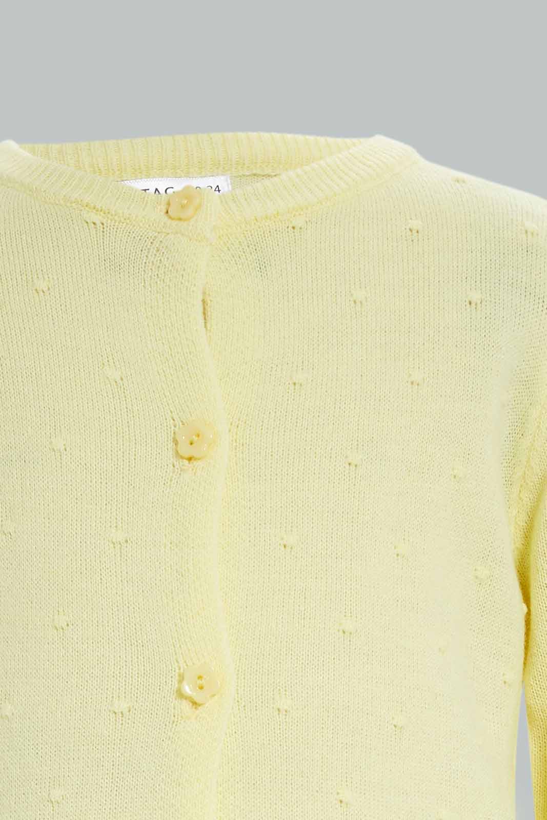 Redtag-Girls-Yellow-Solid-Knit-Cardigan-Category:Cardigans,-Colour:Yellow,-Deals:New-In,-Dept:Girls,-Filter:Infant-Girls-(3-to-24-Mths),-ING-Cardigans,-New-In-ING-APL,-Non-Sale,-S23A,-Section:Girls-(0-to-14Yrs)-Infant-Girls-