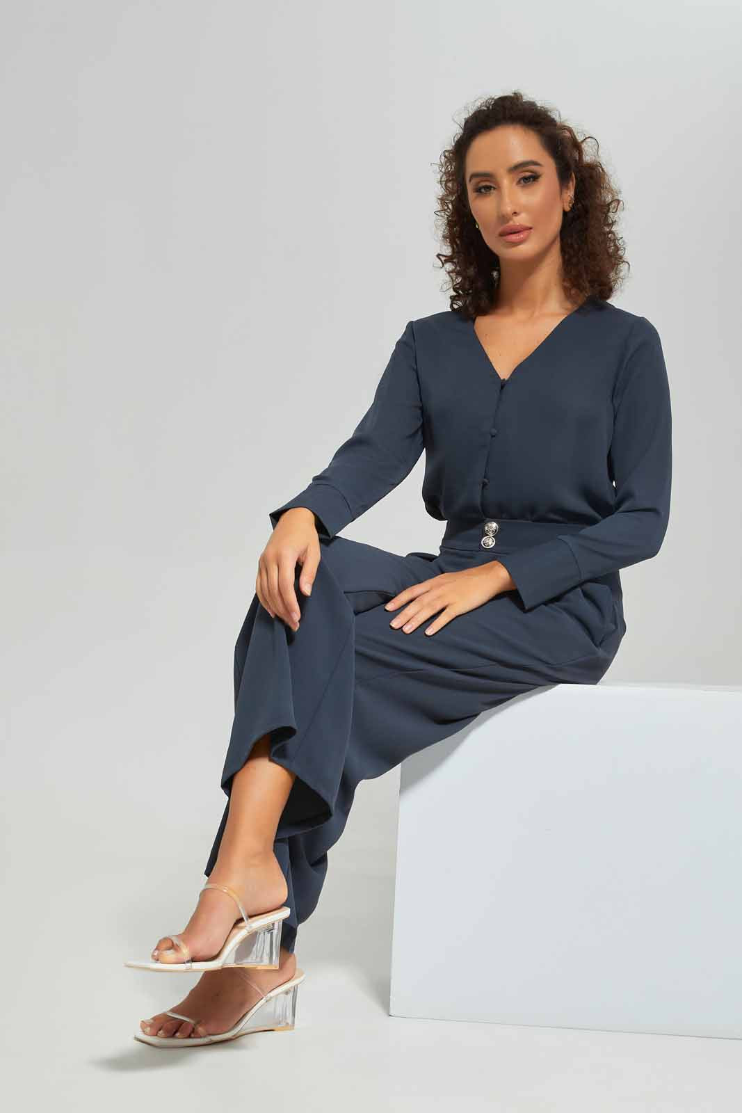 Redtag-Women-Button-Front-V-Neck-Blouse-Category:Blouses,-Colour:Navy,-Deals:New-In,-Dept:Ladieswear,-Filter:Women's-Clothing,-New-In-Women-APL,-Non-Sale,-S23A,-Section:Women,-Women-Blouses-Women's-