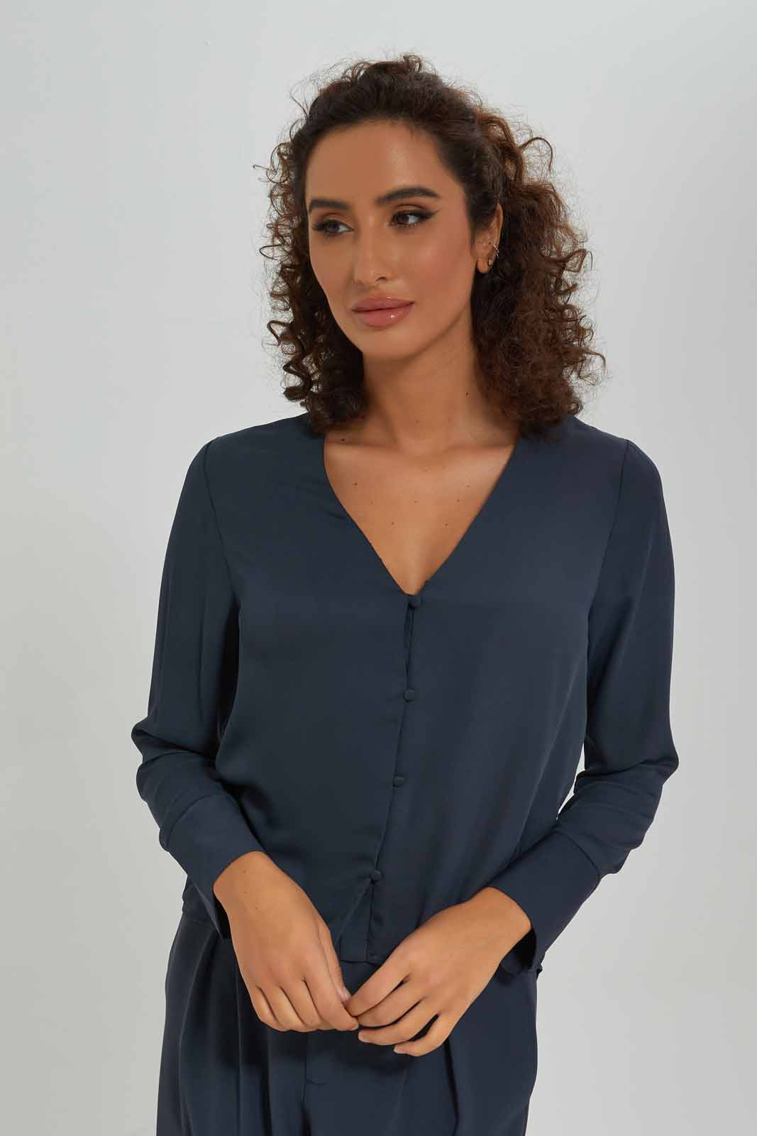 Redtag-Women-Button-Front-V-Neck-Blouse-Category:Blouses,-Colour:Navy,-Deals:New-In,-Dept:Ladieswear,-Filter:Women's-Clothing,-New-In-Women-APL,-Non-Sale,-S23A,-Section:Women,-Women-Blouses-Women's-