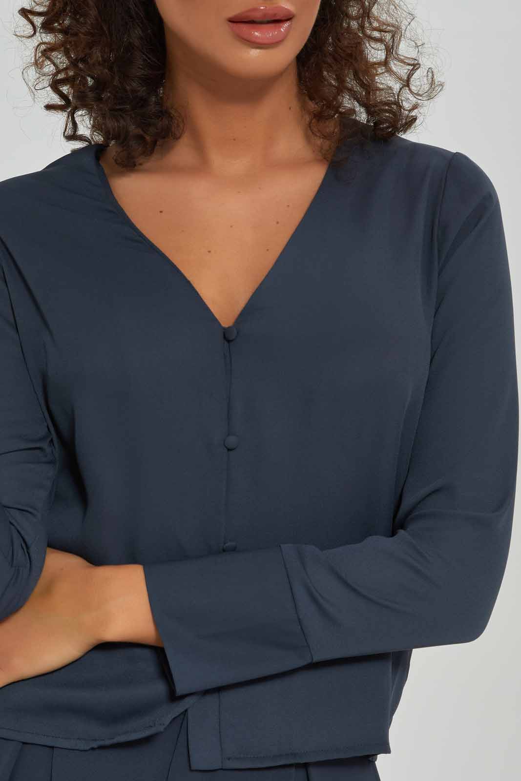 Redtag-Women-Button-Front-V-Neck-Blouse-Category:Blouses,-Colour:Navy,-Deals:New-In,-Dept:Ladieswear,-Filter:Women's-Clothing,-New-In-Women-APL,-Non-Sale,-S23A,-Section:Women,-Women-Blouses-Women's-