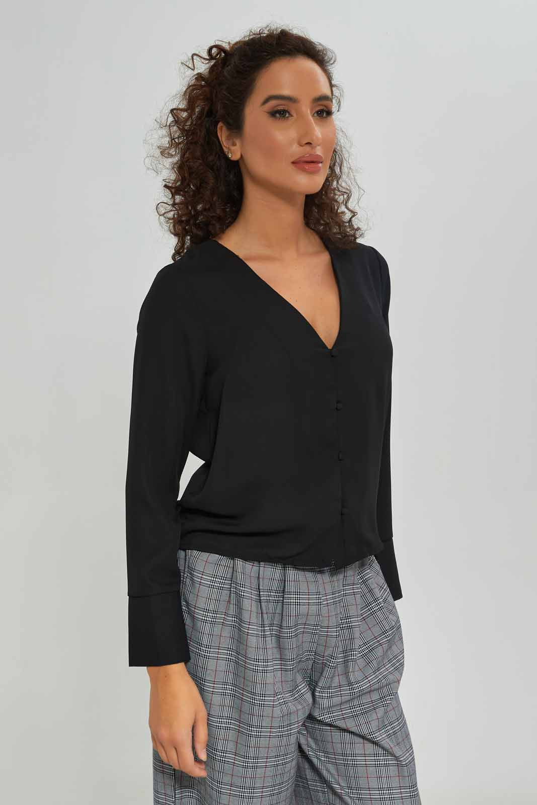Redtag-Women-Button-Front-V-Neck-Blouse-Category:Blouses,-Colour:Black,-Deals:New-In,-Dept:Ladieswear,-Filter:Women's-Clothing,-New-In-Women-APL,-Non-Sale,-S23A,-Section:Women,-Women-Blouses-Women's-