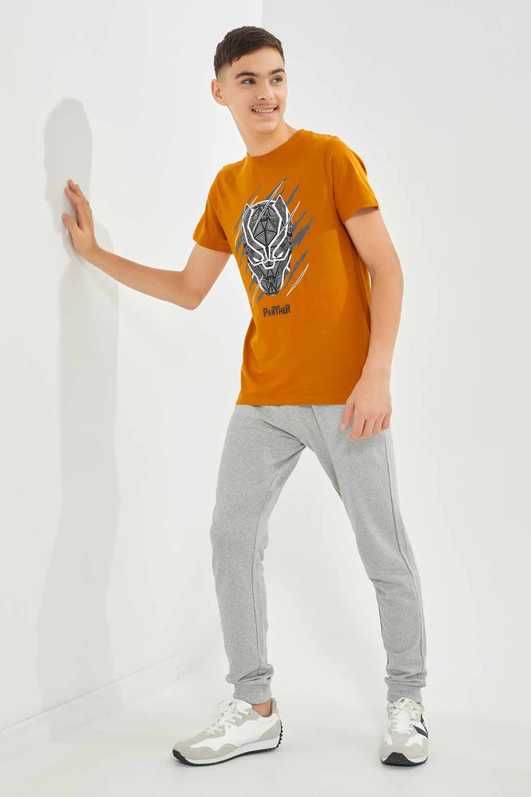Redtag-Boys-Mustard-Black-Panther-Tee-BSR-T-Shirts,-Category:T-Shirts,-Colour:Mustard,-Deals:New-In,-Dept:Boys,-Filter:Senior-Boys-(8-to-14-Yrs),-New-In-BSR-APL,-Non-Sale,-S23B,-Section:Boys-(0-to-14Yrs),-TBL-Senior-Boys-9 to 14 Years