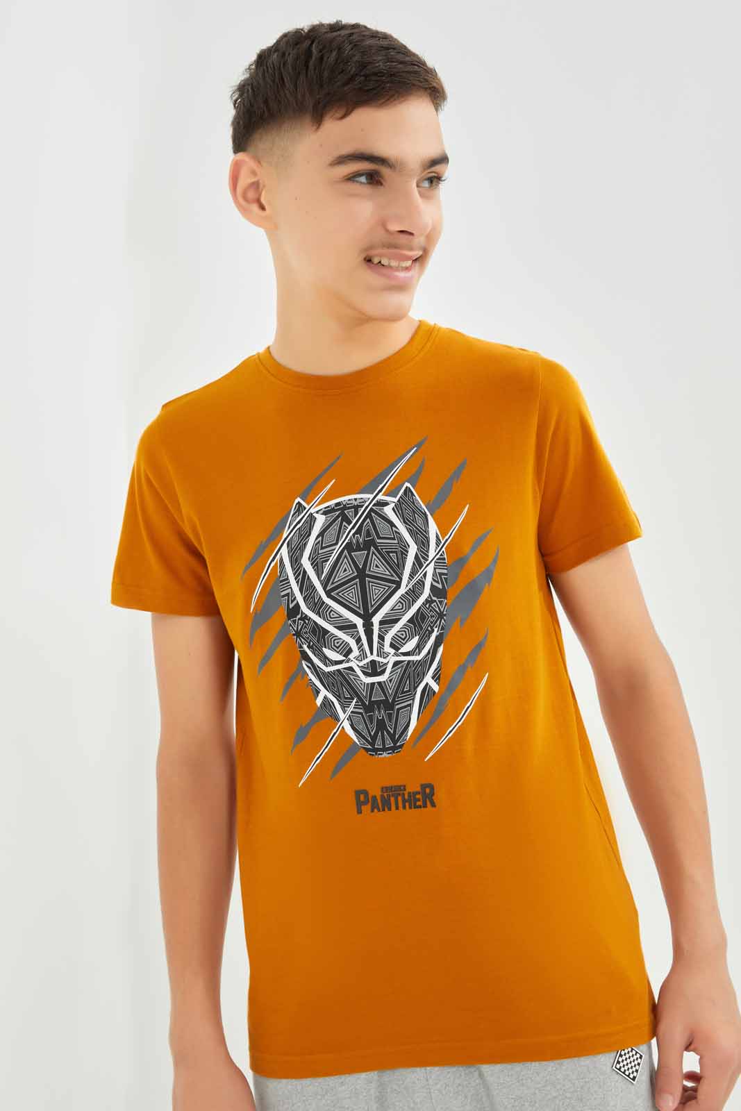 Redtag-Boys-Mustard-Black-Panther-Tee-BSR-T-Shirts,-Category:T-Shirts,-Colour:Mustard,-Deals:New-In,-Dept:Boys,-Filter:Senior-Boys-(8-to-14-Yrs),-New-In-BSR-APL,-Non-Sale,-S23B,-Section:Boys-(0-to-14Yrs),-TBL-Senior-Boys-9 to 14 Years