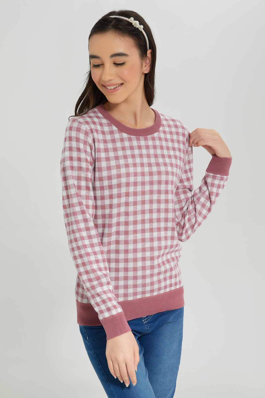 Redtag-Girls-Pink/White-Gingham-Pullover-Category:Pullovers,-Colour:Apricot,-Deals:New-In,-Dept:Girls,-Filter:Senior-Girls-(8-to-14-Yrs),-GSR-Pullovers,-New-In-GSR-APL,-Non-Sale,-S23A,-Section:Girls-(0-to-14Yrs),-TBL-Senior-Girls-9 to 14 Years