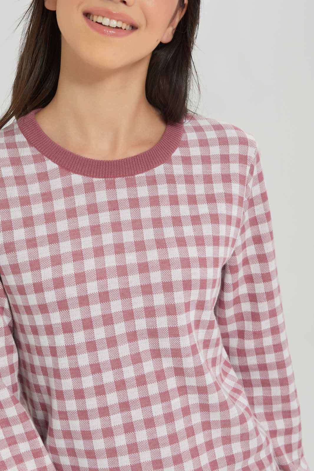 Redtag-Girls-Pink/White-Gingham-Pullover-Category:Pullovers,-Colour:Apricot,-Deals:New-In,-Dept:Girls,-Filter:Senior-Girls-(8-to-14-Yrs),-GSR-Pullovers,-New-In-GSR-APL,-Non-Sale,-S23A,-Section:Girls-(0-to-14Yrs),-TBL-Senior-Girls-9 to 14 Years