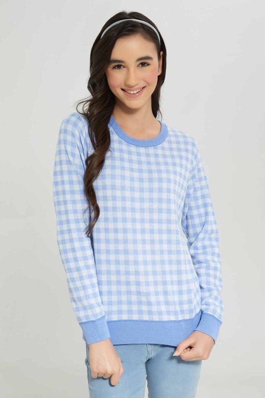 Redtag-Girls-Blue/White-Gingham-Pullover-Category:Pullovers,-Colour:Blue,-Deals:New-In,-Dept:Girls,-Filter:Senior-Girls-(8-to-14-Yrs),-GSR-Pullovers,-New-In-GSR-APL,-Non-Sale,-S23A,-Section:Girls-(0-to-14Yrs),-TBL-Senior-Girls-9 to 14 Years