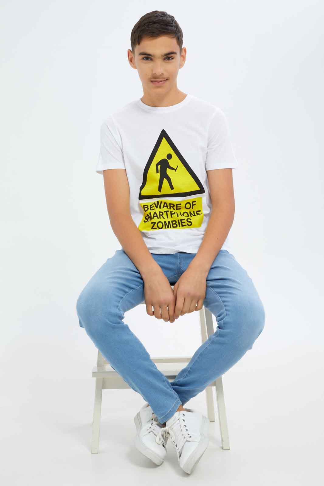 Redtag-Boys-White-Beware-Of-Smartphone-Zombies-Graphic-Tee-BSR-T-Shirts,-Category:T-Shirts,-Colour:White,-Deals:New-In,-Dept:Boys,-Filter:Senior-Boys-(8-to-14-Yrs),-New-In-BSR-APL,-Non-Sale,-S23A,-Section:Boys-(0-to-14Yrs),-TBL-Senior-Boys-9 to 14 Years
