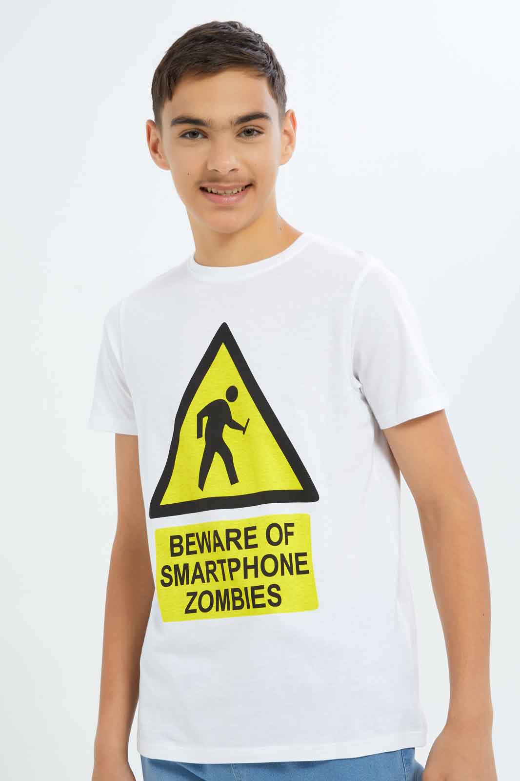 Redtag-Boys-White-Beware-Of-Smartphone-Zombies-Graphic-Tee-BSR-T-Shirts,-Category:T-Shirts,-Colour:White,-Deals:New-In,-Dept:Boys,-Filter:Senior-Boys-(8-to-14-Yrs),-New-In-BSR-APL,-Non-Sale,-S23A,-Section:Boys-(0-to-14Yrs),-TBL-Senior-Boys-9 to 14 Years