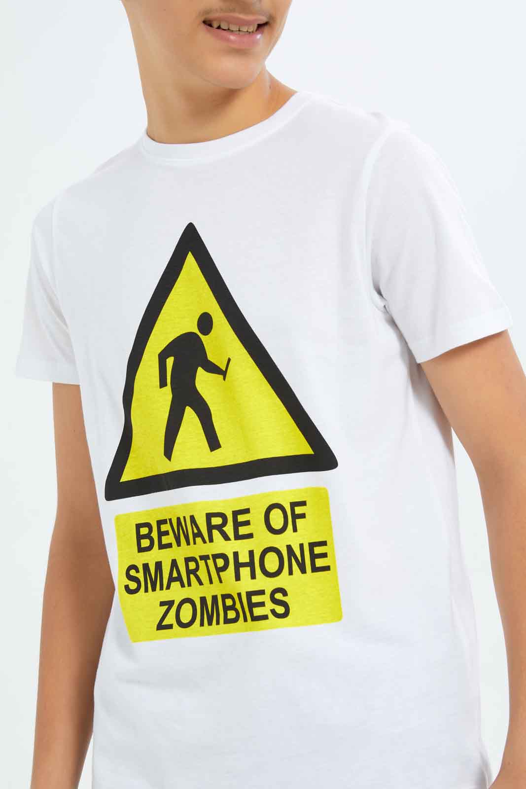 Redtag-Boys-White-Beware-Of-Smartphone-Zombies-Graphic-Tee-BSR-T-Shirts,-Category:T-Shirts,-Colour:White,-Deals:New-In,-Dept:Boys,-Filter:Senior-Boys-(8-to-14-Yrs),-New-In-BSR-APL,-Non-Sale,-S23A,-Section:Boys-(0-to-14Yrs),-TBL-Senior-Boys-9 to 14 Years