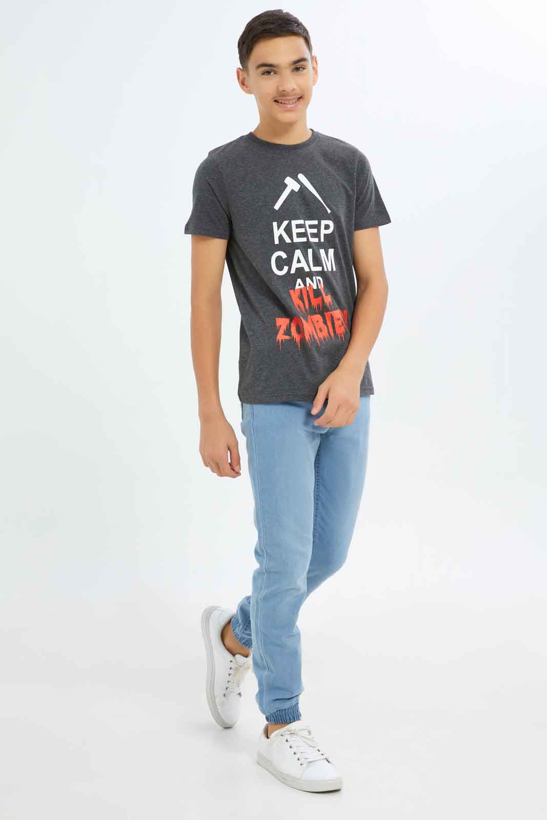 Redtag-Boys-Charcoal-Keep-Calm-And-Kill-Zombies-Graphic-Tee-BSR-T-Shirts,-Category:T-Shirts,-Colour:Charcoal,-Deals:New-In,-Dept:Boys,-Filter:Senior-Boys-(8-to-14-Yrs),-New-In-BSR-APL,-Non-Sale,-S23A,-Section:Boys-(0-to-14Yrs),-TBL-Senior-Boys-9 to 14 Years