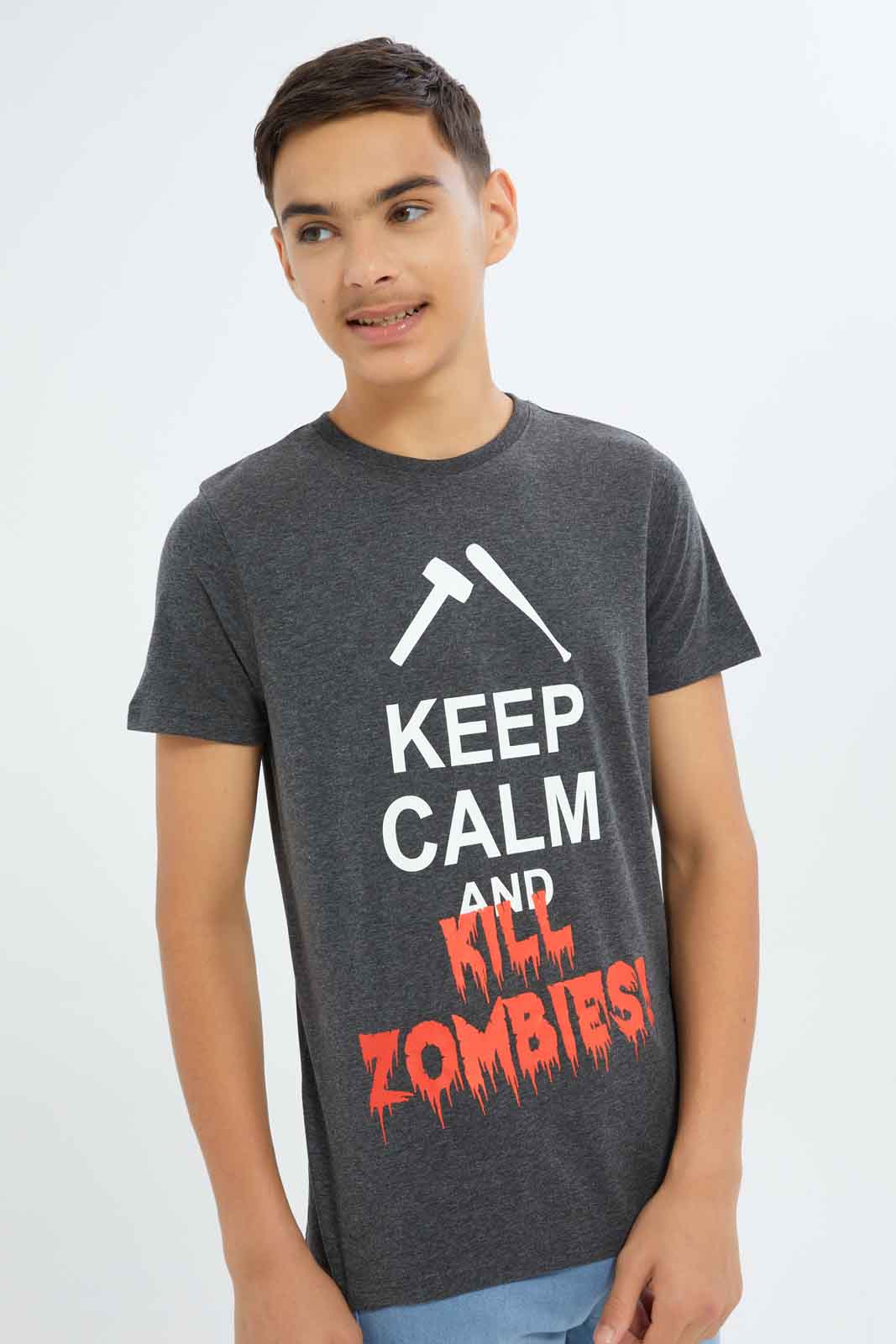 Redtag-Boys-Charcoal-Keep-Calm-And-Kill-Zombies-Graphic-Tee-BSR-T-Shirts,-Category:T-Shirts,-Colour:Charcoal,-Deals:New-In,-Dept:Boys,-Filter:Senior-Boys-(8-to-14-Yrs),-New-In-BSR-APL,-Non-Sale,-S23A,-Section:Boys-(0-to-14Yrs),-TBL-Senior-Boys-9 to 14 Years