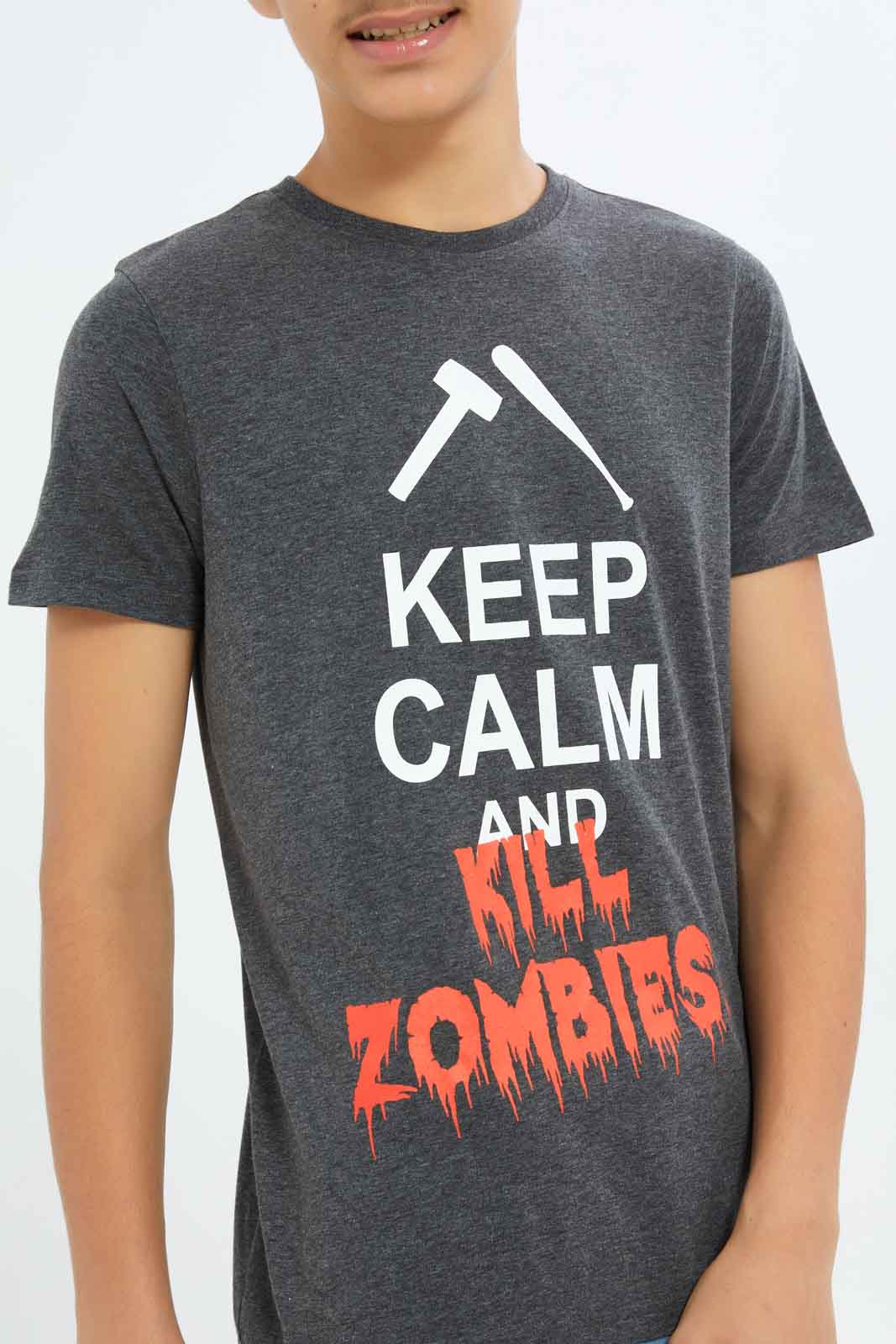 Redtag-Boys-Charcoal-Keep-Calm-And-Kill-Zombies-Graphic-Tee-BSR-T-Shirts,-Category:T-Shirts,-Colour:Charcoal,-Deals:New-In,-Dept:Boys,-Filter:Senior-Boys-(8-to-14-Yrs),-New-In-BSR-APL,-Non-Sale,-S23A,-Section:Boys-(0-to-14Yrs),-TBL-Senior-Boys-9 to 14 Years