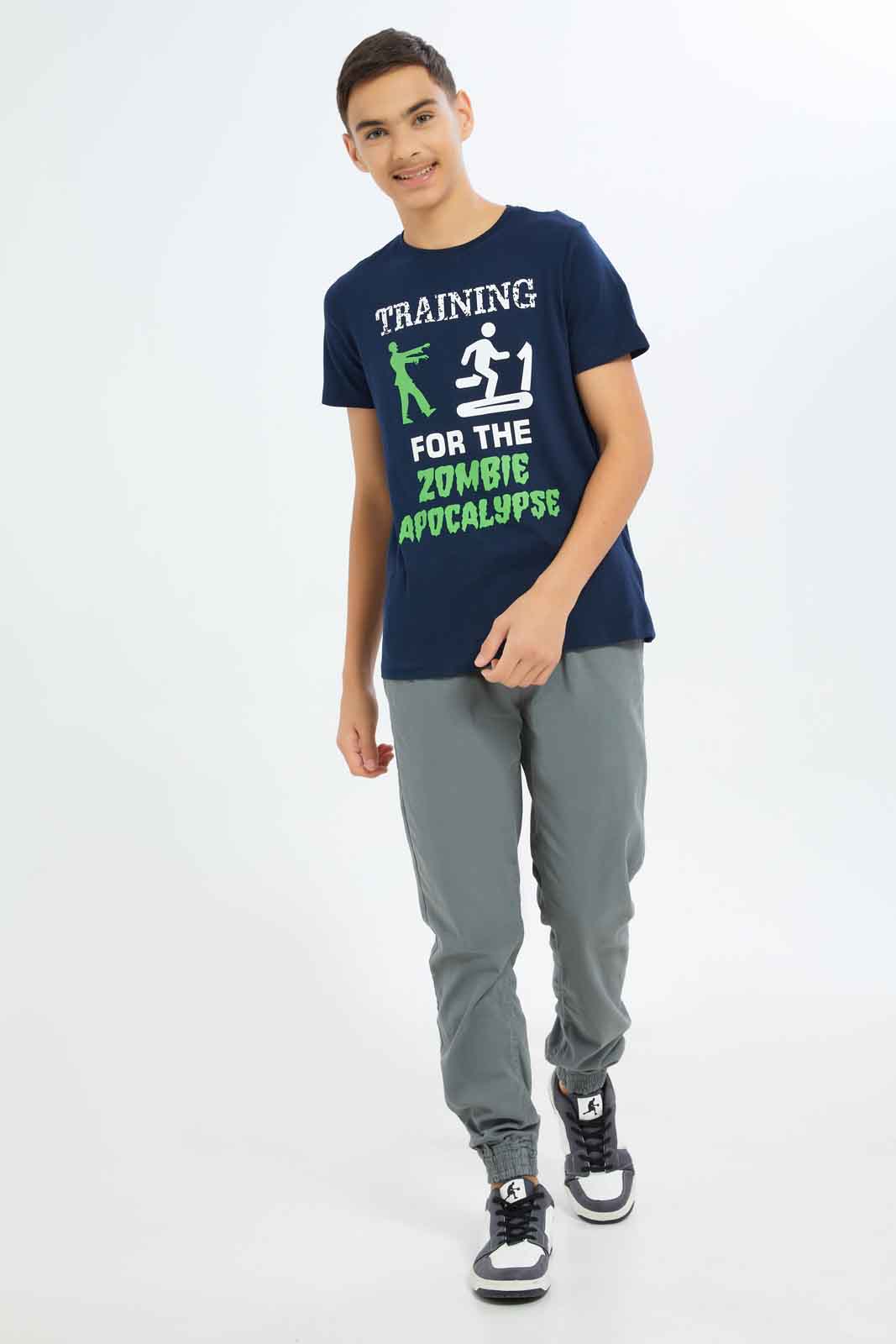 Redtag-Boys-Navy-Training-For-The-Zombies-Graphic-Tee-BSR-T-Shirts,-Category:T-Shirts,-Colour:Navy,-Deals:New-In,-Dept:Boys,-Filter:Senior-Boys-(8-to-14-Yrs),-New-In-BSR-APL,-Non-Sale,-S23A,-Section:Boys-(0-to-14Yrs),-TBL-Senior-Boys-9 to 14 Years