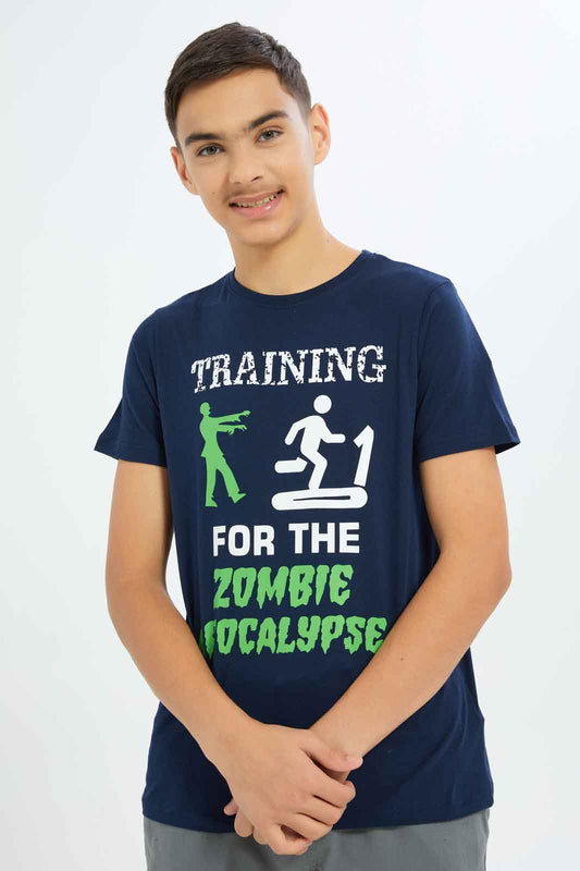 Redtag-Boys-Navy-Training-For-The-Zombies-Graphic-Tee-BSR-T-Shirts,-Category:T-Shirts,-Colour:Navy,-Deals:New-In,-Dept:Boys,-Filter:Senior-Boys-(8-to-14-Yrs),-New-In-BSR-APL,-Non-Sale,-S23A,-Section:Boys-(0-to-14Yrs),-TBL-Senior-Boys-9 to 14 Years
