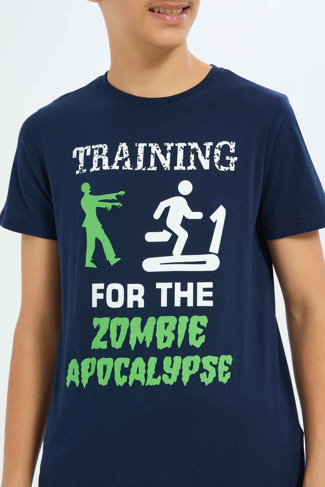 Redtag-Boys-Navy-Training-For-The-Zombies-Graphic-Tee-BSR-T-Shirts,-Category:T-Shirts,-Colour:Navy,-Deals:New-In,-Dept:Boys,-Filter:Senior-Boys-(8-to-14-Yrs),-New-In-BSR-APL,-Non-Sale,-S23A,-Section:Boys-(0-to-14Yrs),-TBL-Senior-Boys-9 to 14 Years