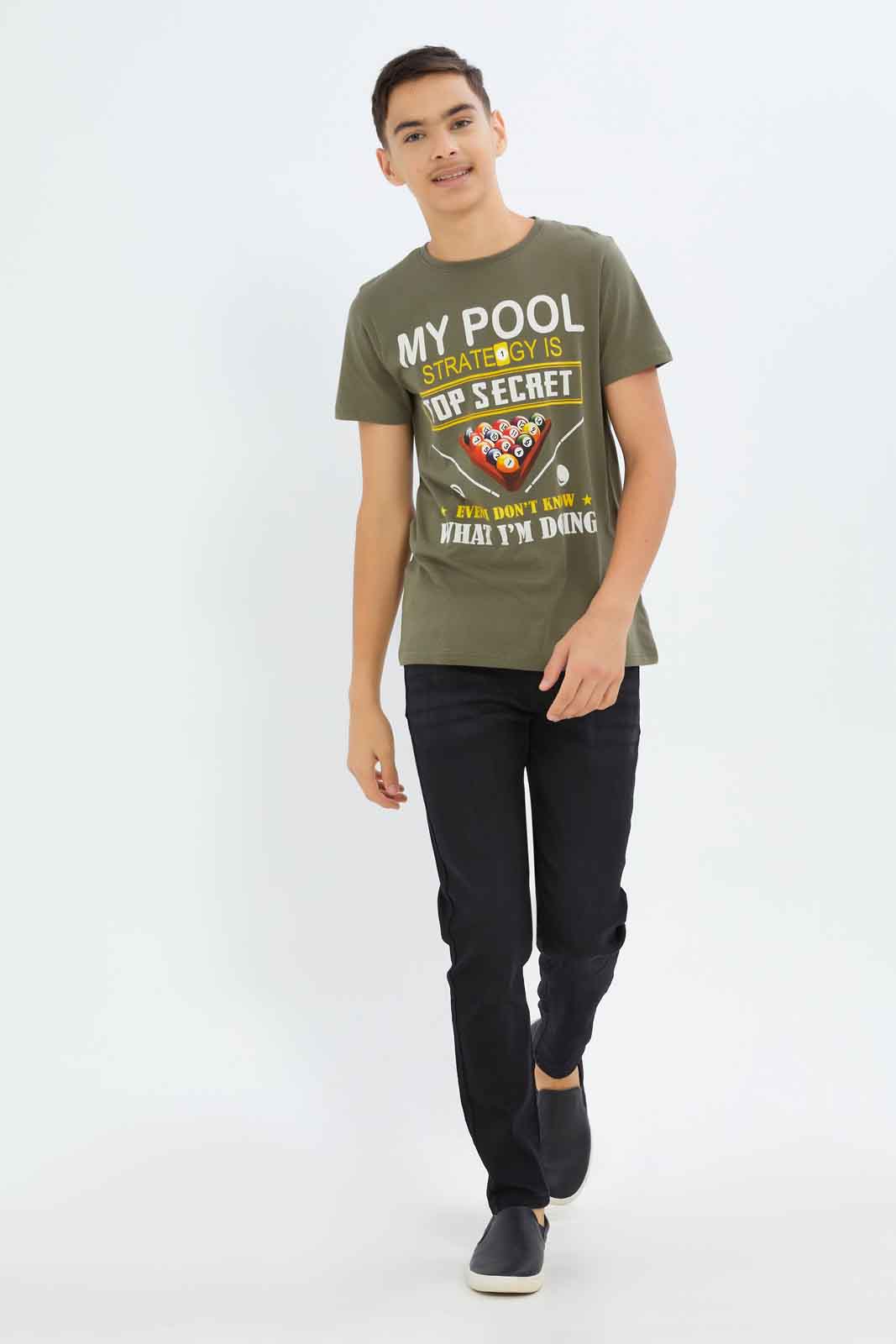 Redtag-Boys-Olive-Pool-Strategy-Graphic-Tee-BSR-T-Shirts,-Category:T-Shirts,-Colour:Olive,-Deals:New-In,-Dept:Boys,-Filter:Senior-Boys-(8-to-14-Yrs),-New-In-BSR-APL,-Non-Sale,-S23A,-Section:Boys-(0-to-14Yrs),-TBL-Senior-Boys-9 to 14 Years