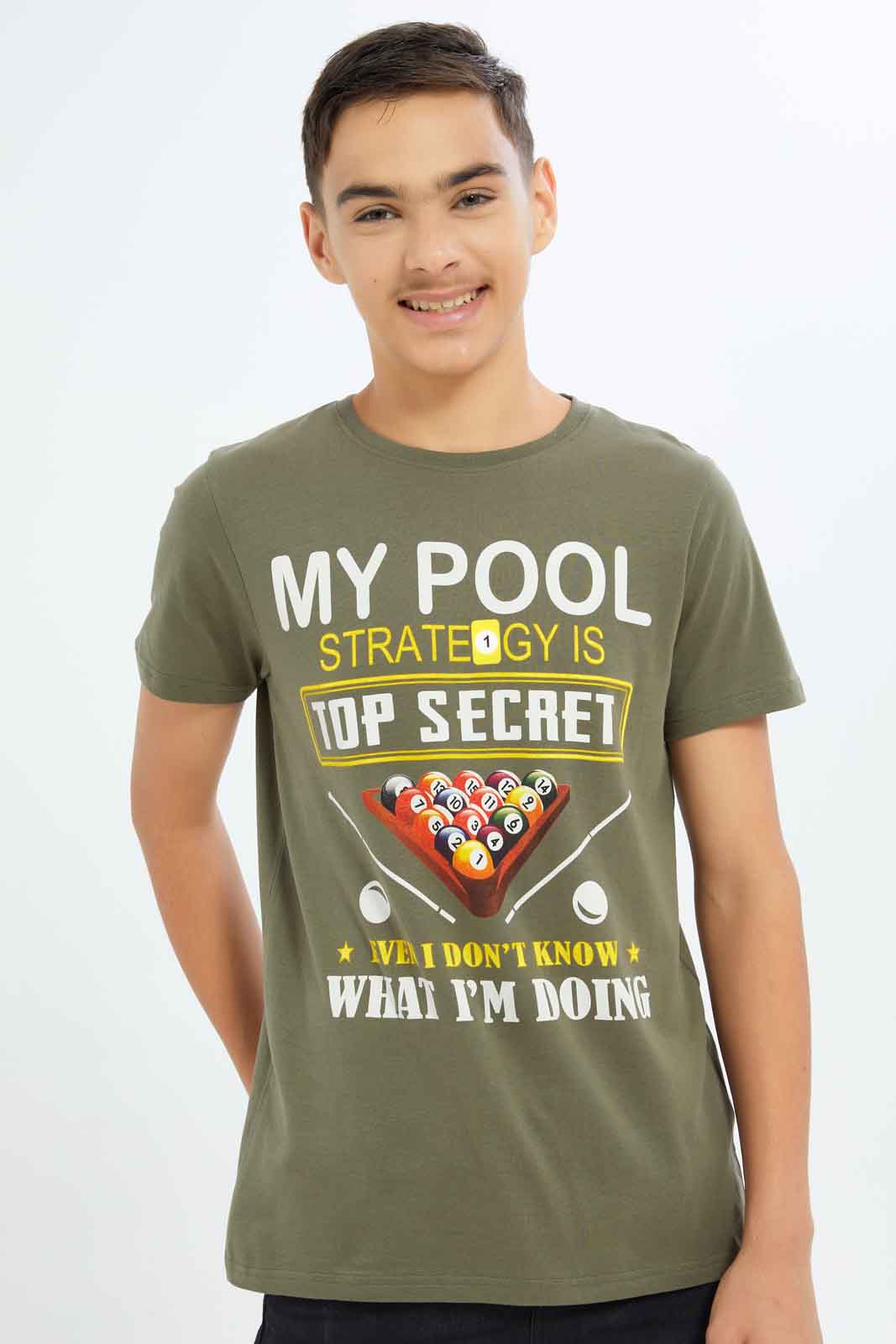 Redtag-Boys-Olive-Pool-Strategy-Graphic-Tee-BSR-T-Shirts,-Category:T-Shirts,-Colour:Olive,-Deals:New-In,-Dept:Boys,-Filter:Senior-Boys-(8-to-14-Yrs),-New-In-BSR-APL,-Non-Sale,-S23A,-Section:Boys-(0-to-14Yrs),-TBL-Senior-Boys-9 to 14 Years