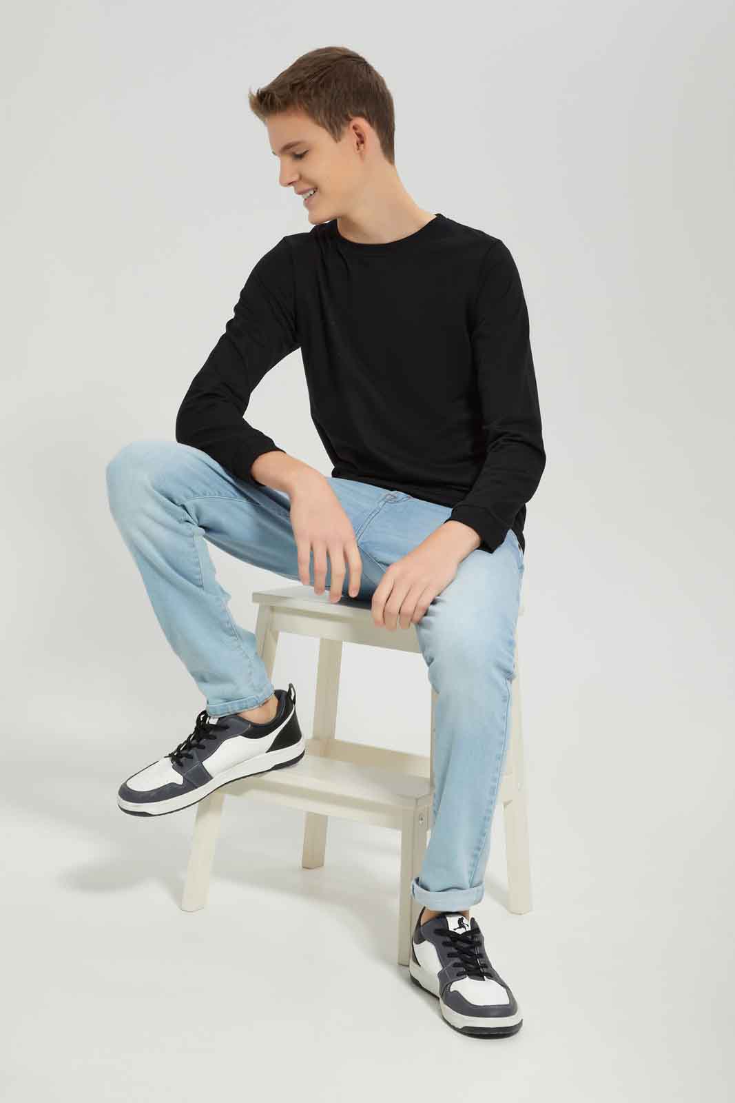 Redtag-Boys-Black-Plain-Long-Sleeve-Sweat-Tee-BSR-Sweatshirts,-Category:Sweatshirts,-Colour:Black,-Deals:New-In,-Dept:Boys,-Filter:Senior-Boys-(8-to-14-Yrs),-New-In-BSR-APL,-Non-Sale,-S23A,-Section:Boys-(0-to-14Yrs),-TBL-Senior-Boys-9 to 14 Years