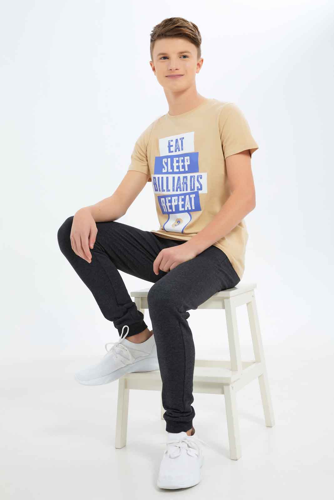 Redtag-Boys-Beige-Eat-Sleep-Billiaros-Repeat-Graphic-Tee-BSR-T-Shirts,-Category:T-Shirts,-Colour:Beige,-Deals:New-In,-Dept:Boys,-Filter:Senior-Boys-(8-to-14-Yrs),-New-In-BSR-APL,-Non-Sale,-S23A,-Section:Boys-(0-to-14Yrs),-TBL-Senior-Boys-9 to 14 Years