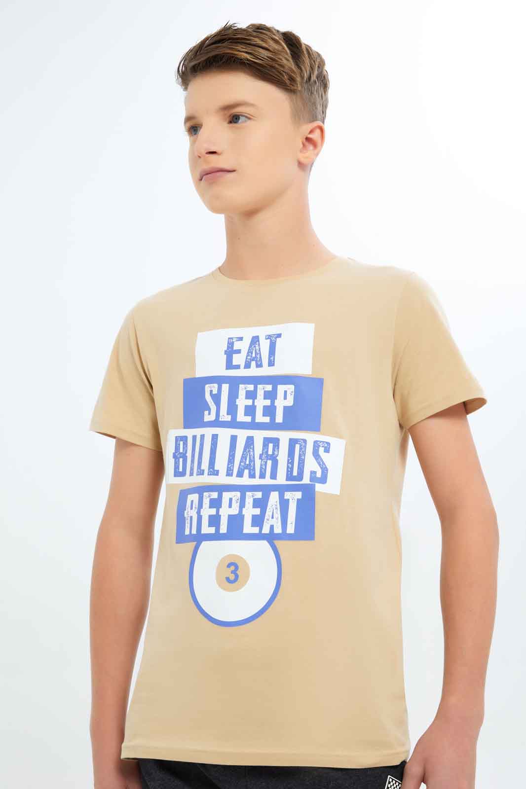 Redtag-Boys-Beige-Eat-Sleep-Billiaros-Repeat-Graphic-Tee-BSR-T-Shirts,-Category:T-Shirts,-Colour:Beige,-Deals:New-In,-Dept:Boys,-Filter:Senior-Boys-(8-to-14-Yrs),-New-In-BSR-APL,-Non-Sale,-S23A,-Section:Boys-(0-to-14Yrs),-TBL-Senior-Boys-9 to 14 Years