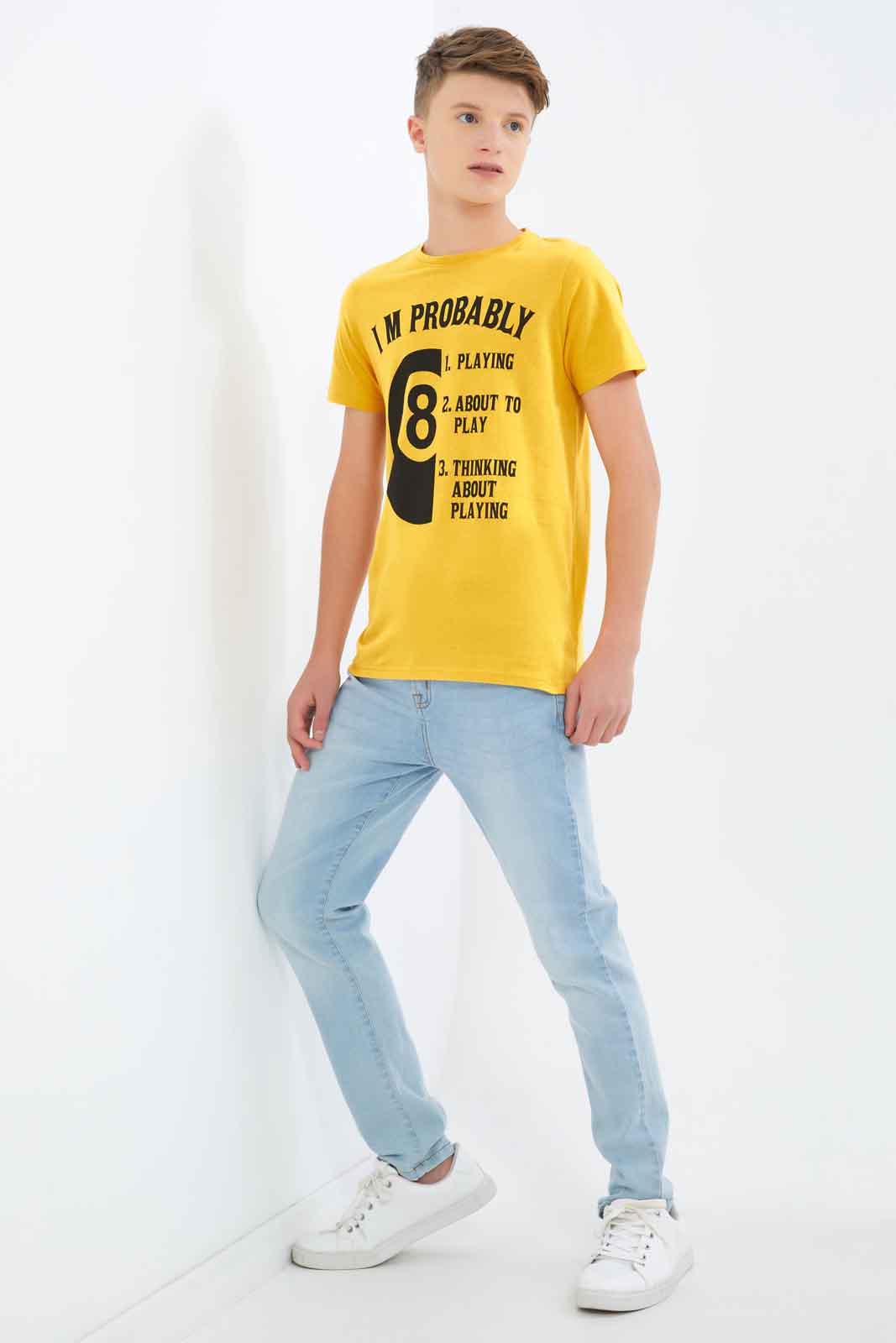 Redtag-Boys-Mustard-Playing-Pool-Graphic-Tee-BSR-T-Shirts,-Category:T-Shirts,-Colour:Mustard,-Deals:New-In,-Dept:Boys,-Filter:Senior-Boys-(8-to-14-Yrs),-New-In-BSR-APL,-Non-Sale,-S23A,-Section:Boys-(0-to-14Yrs),-TBL-Senior-Boys-9 to 14 Years