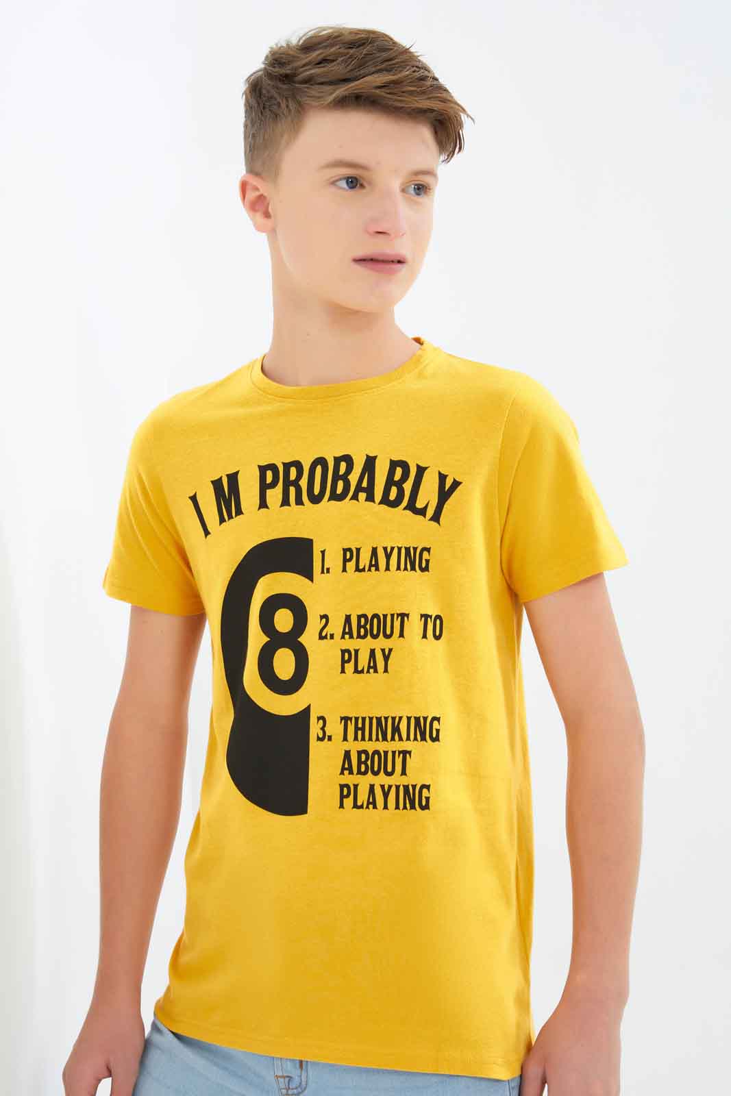 Redtag-Boys-Mustard-Playing-Pool-Graphic-Tee-BSR-T-Shirts,-Category:T-Shirts,-Colour:Mustard,-Deals:New-In,-Dept:Boys,-Filter:Senior-Boys-(8-to-14-Yrs),-New-In-BSR-APL,-Non-Sale,-S23A,-Section:Boys-(0-to-14Yrs),-TBL-Senior-Boys-9 to 14 Years