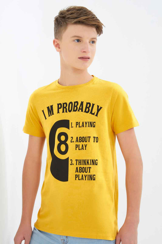 Redtag-Boys-Mustard-Playing-Pool-Graphic-Tee-BSR-T-Shirts,-Category:T-Shirts,-Colour:Mustard,-Deals:New-In,-Dept:Boys,-Filter:Senior-Boys-(8-to-14-Yrs),-New-In-BSR-APL,-Non-Sale,-S23A,-Section:Boys-(0-to-14Yrs),-TBL-Senior-Boys-9 to 14 Years
