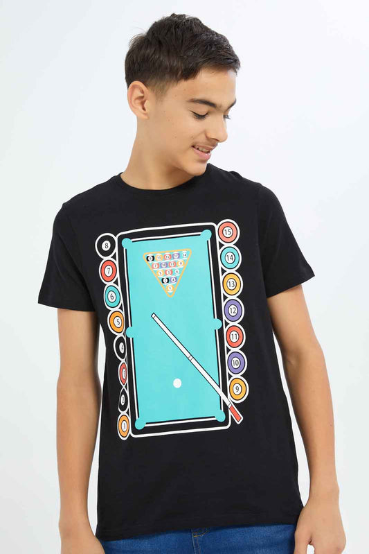 Redtag-Boys-Black-Pool-Table-Graphic-Tee-BSR-T-Shirts,-Category:T-Shirts,-Colour:Black,-Deals:New-In,-Dept:Boys,-Filter:Senior-Boys-(8-to-14-Yrs),-New-In-BSR-APL,-Non-Sale,-S23A,-Section:Boys-(0-to-14Yrs),-TBL-Senior-Boys-9 to 14 Years