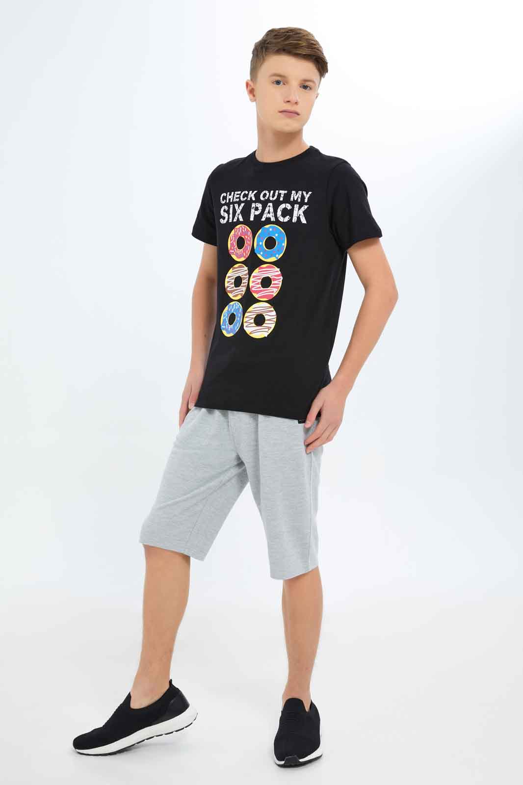 Redtag-Boys-Black-Food-Six-Pack-Graphic-Tee-BSR-T-Shirts,-Category:T-Shirts,-Colour:Black,-Deals:New-In,-Dept:Boys,-Filter:Senior-Boys-(8-to-14-Yrs),-New-In-BSR-APL,-Non-Sale,-S23A,-Section:Boys-(0-to-14Yrs),-TBL-Senior-Boys-9 to 14 Years