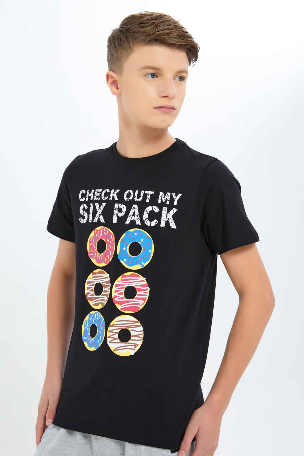 Redtag-Boys-Black-Food-Six-Pack-Graphic-Tee-BSR-T-Shirts,-Category:T-Shirts,-Colour:Black,-Deals:New-In,-Dept:Boys,-Filter:Senior-Boys-(8-to-14-Yrs),-New-In-BSR-APL,-Non-Sale,-S23A,-Section:Boys-(0-to-14Yrs),-TBL-Senior-Boys-9 to 14 Years