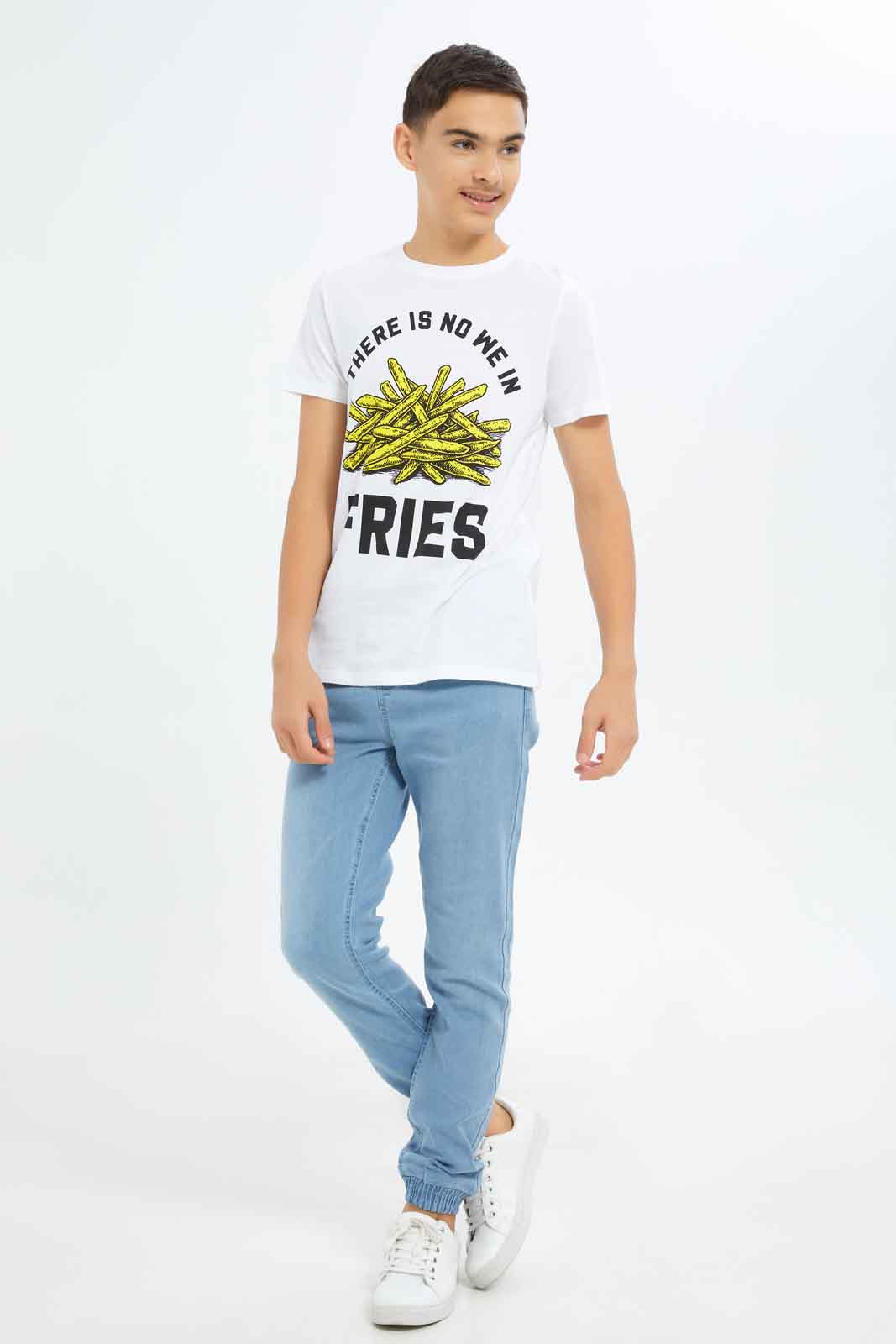 Redtag-Boys-White-No-We-Fries-Short-Sleeve-Graphic-Tee-BSR-T-Shirts,-Category:T-Shirts,-Colour:White,-Deals:New-In,-Dept:Boys,-Filter:Senior-Boys-(8-to-14-Yrs),-New-In-BSR-APL,-Non-Sale,-S23A,-Section:Boys-(0-to-14Yrs),-TBL-Senior-Boys-9 to 14 Years
