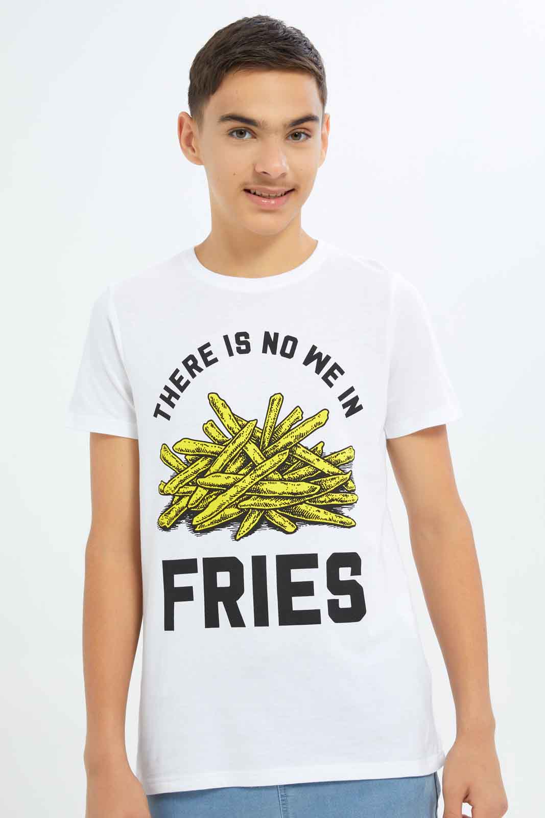 Redtag-Boys-White-No-We-Fries-Short-Sleeve-Graphic-Tee-BSR-T-Shirts,-Category:T-Shirts,-Colour:White,-Deals:New-In,-Dept:Boys,-Filter:Senior-Boys-(8-to-14-Yrs),-New-In-BSR-APL,-Non-Sale,-S23A,-Section:Boys-(0-to-14Yrs),-TBL-Senior-Boys-9 to 14 Years
