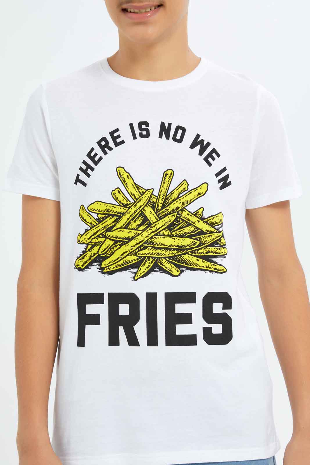 Redtag-Boys-White-No-We-Fries-Short-Sleeve-Graphic-Tee-BSR-T-Shirts,-Category:T-Shirts,-Colour:White,-Deals:New-In,-Dept:Boys,-Filter:Senior-Boys-(8-to-14-Yrs),-New-In-BSR-APL,-Non-Sale,-S23A,-Section:Boys-(0-to-14Yrs),-TBL-Senior-Boys-9 to 14 Years
