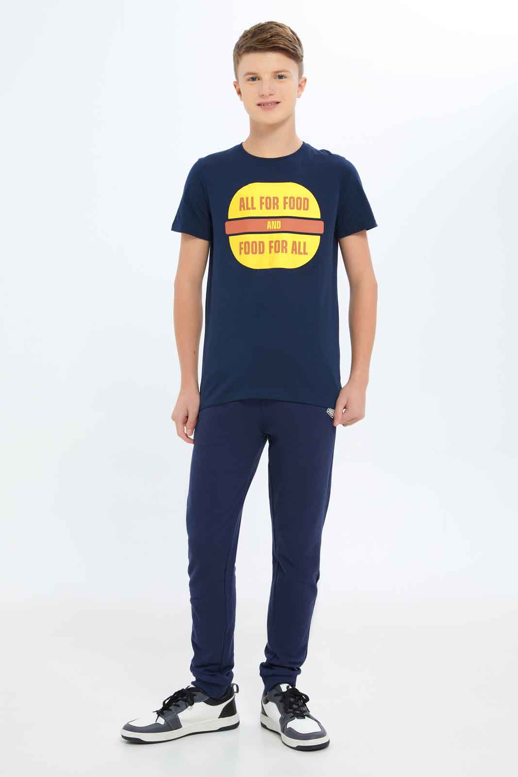 Redtag-Boys-Navy-All-For-Food-And-Food-For-All-Graphic-Tee-BSR-T-Shirts,-Category:T-Shirts,-Colour:Navy,-Deals:New-In,-Dept:Boys,-Filter:Senior-Boys-(8-to-14-Yrs),-New-In-BSR-APL,-Non-Sale,-S23A,-Section:Boys-(0-to-14Yrs),-TBL-Senior-Boys-9 to 14 Years