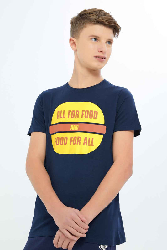 Redtag-Boys-Navy-All-For-Food-And-Food-For-All-Graphic-Tee-BSR-T-Shirts,-Category:T-Shirts,-Colour:Navy,-Deals:New-In,-Dept:Boys,-Filter:Senior-Boys-(8-to-14-Yrs),-New-In-BSR-APL,-Non-Sale,-S23A,-Section:Boys-(0-to-14Yrs),-TBL-Senior-Boys-9 to 14 Years