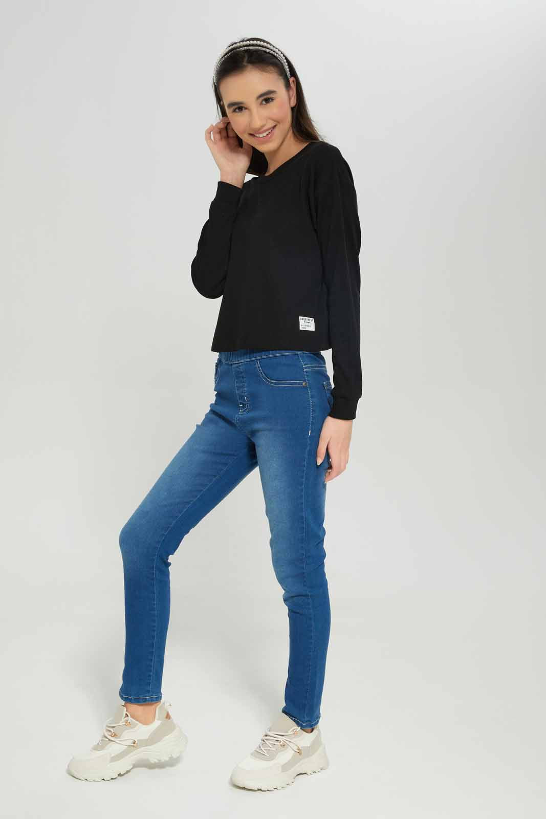 Redtag-Girls-Black-Waffle-Sweatshirts-Category:Sweatshirts,-Colour:Black,-Deals:New-In,-Dept:Girls,-Filter:Senior-Girls-(8-to-14-Yrs),-GSR-Sweatshirts,-New-In-GSR-APL,-Non-Sale,-S23A,-Section:Girls-(0-to-14Yrs),-TBL-Senior-Girls-9 to 14 Years