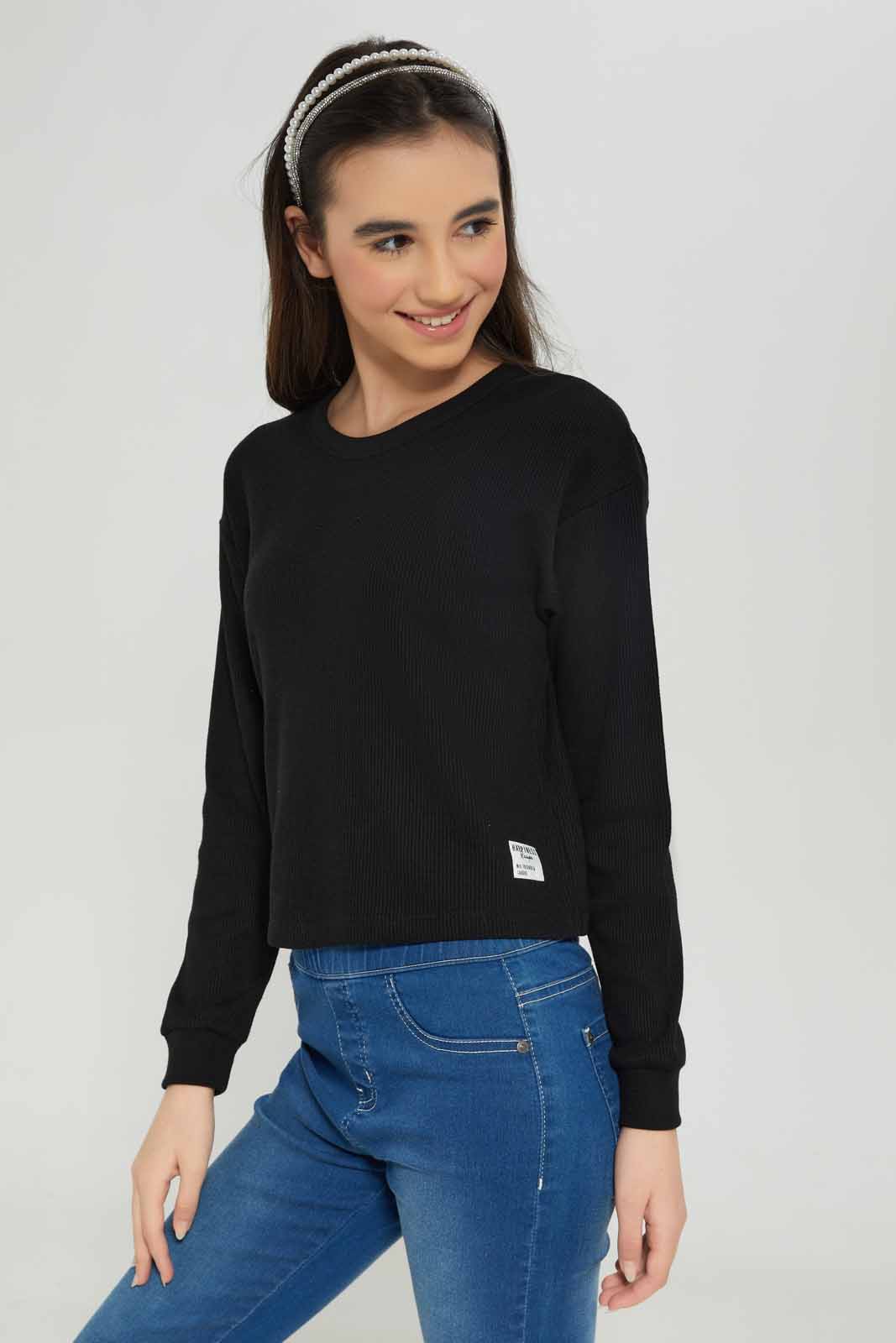 Redtag-Girls-Black-Waffle-Sweatshirts-Category:Sweatshirts,-Colour:Black,-Deals:New-In,-Dept:Girls,-Filter:Senior-Girls-(8-to-14-Yrs),-GSR-Sweatshirts,-New-In-GSR-APL,-Non-Sale,-S23A,-Section:Girls-(0-to-14Yrs),-TBL-Senior-Girls-9 to 14 Years