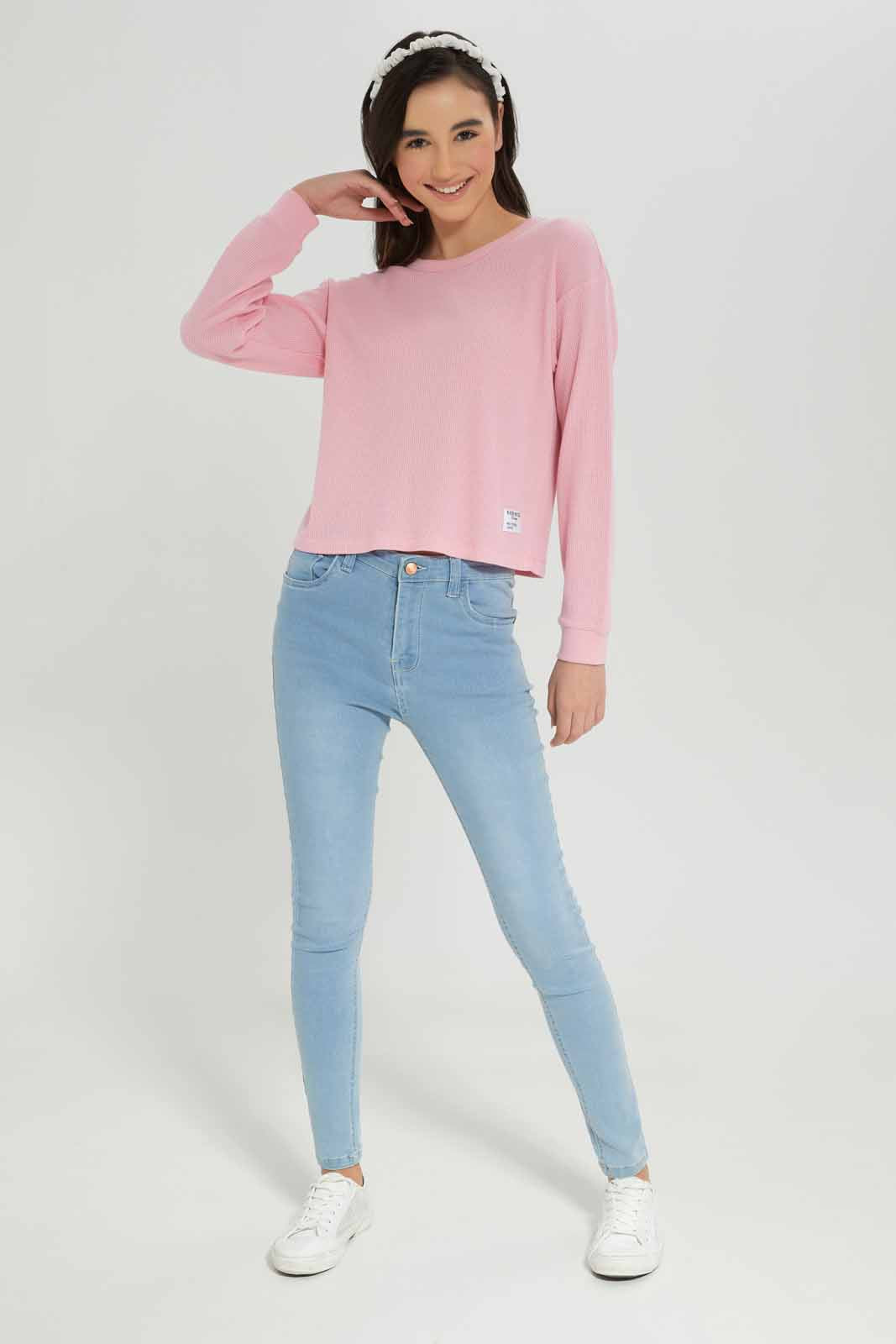 Redtag-Girls-Pink-Waffle-Sweatshirts-Category:Sweatshirts,-Colour:Apricot,-Deals:New-In,-Dept:Girls,-Filter:Senior-Girls-(8-to-14-Yrs),-GSR-Sweatshirts,-New-In-GSR-APL,-Non-Sale,-S23A,-Section:Girls-(0-to-14Yrs),-TBL-Senior-Girls-9 to 14 Years