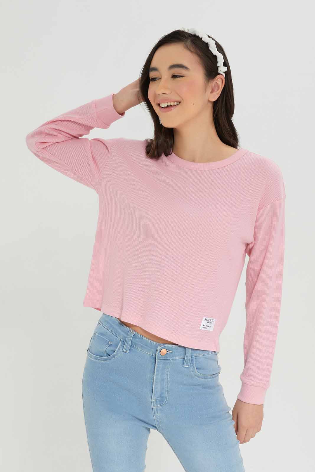 Redtag-Girls-Pink-Waffle-Sweatshirts-Category:Sweatshirts,-Colour:Apricot,-Deals:New-In,-Dept:Girls,-Filter:Senior-Girls-(8-to-14-Yrs),-GSR-Sweatshirts,-New-In-GSR-APL,-Non-Sale,-S23A,-Section:Girls-(0-to-14Yrs),-TBL-Senior-Girls-9 to 14 Years