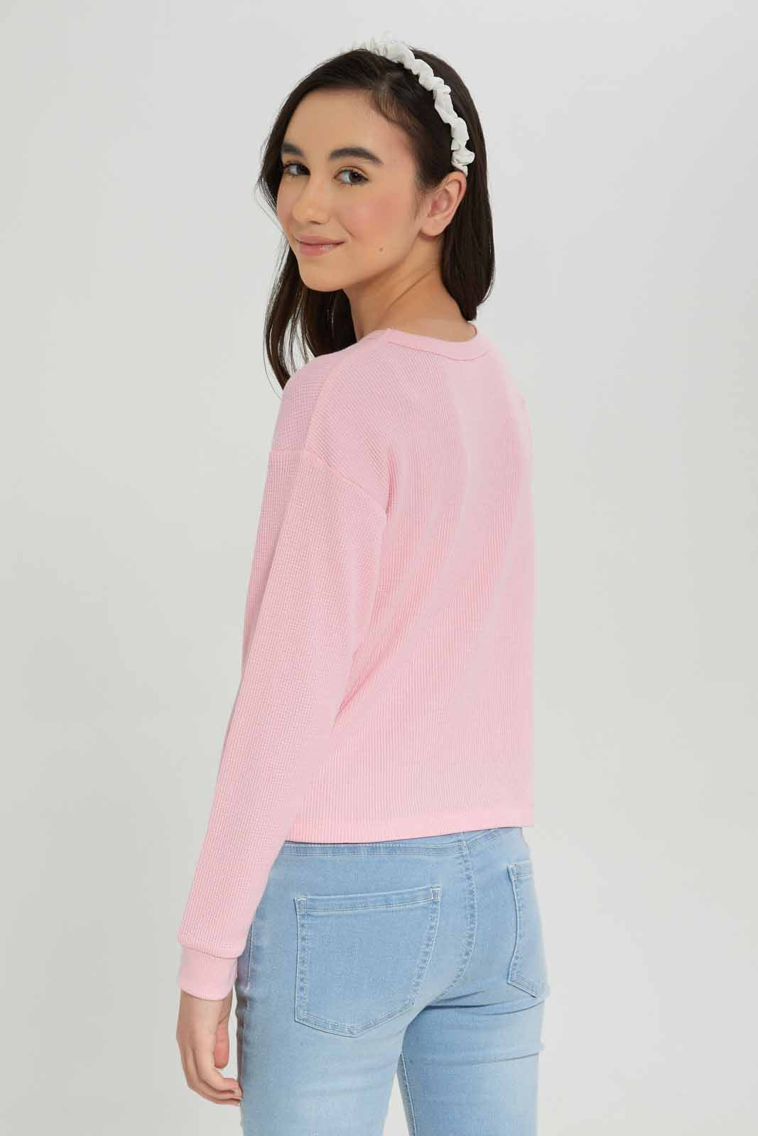 Redtag-Girls-Pink-Waffle-Sweatshirts-Category:Sweatshirts,-Colour:Apricot,-Deals:New-In,-Dept:Girls,-Filter:Senior-Girls-(8-to-14-Yrs),-GSR-Sweatshirts,-New-In-GSR-APL,-Non-Sale,-S23A,-Section:Girls-(0-to-14Yrs),-TBL-Senior-Girls-9 to 14 Years