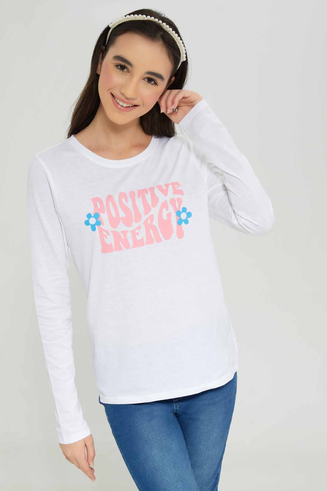 Redtag-Girls-White-L/S-T-Shirt-BTS,-Category:T-Shirts,-Colour:White,-Deals:New-In,-Dept:Girls,-Filter:Senior-Girls-(8-to-14-Yrs),-GSR-T-Shirts,-New-In-GSR-APL,-Non-Sale,-S23A,-Section:Girls-(0-to-14Yrs),-TBL-Senior-Girls-9 to 14 Years
