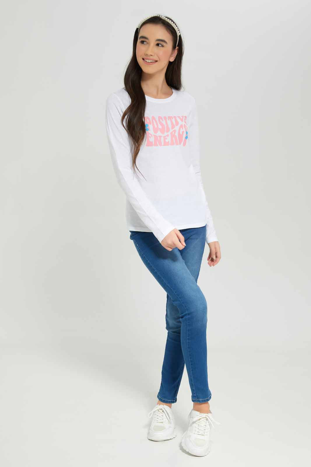 Redtag-Girls-White-L/S-T-Shirt-BTS,-Category:T-Shirts,-Colour:White,-Deals:New-In,-Dept:Girls,-Filter:Senior-Girls-(8-to-14-Yrs),-GSR-T-Shirts,-New-In-GSR-APL,-Non-Sale,-S23A,-Section:Girls-(0-to-14Yrs),-TBL-Senior-Girls-9 to 14 Years