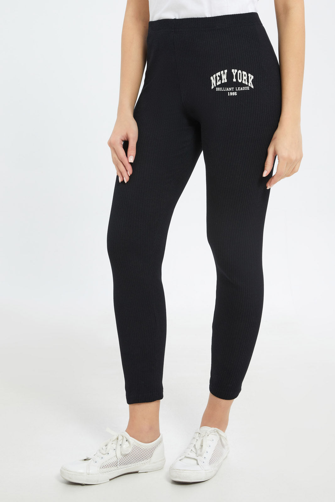 Redtag-Women-Black-Placement-Print-Ribbed-Legging-Category:Leggings,-Colour:Black,-Deals:Sale,-Dept:Ladieswear,-Filter:Women's-Clothing,-H1:LWR,-H2:LAD,-H3:TRS,-H4:LEG,-Sale-Women-APL,-Season:W22B,-Section:Women,-W22B,-Women-Leggings-Women's-