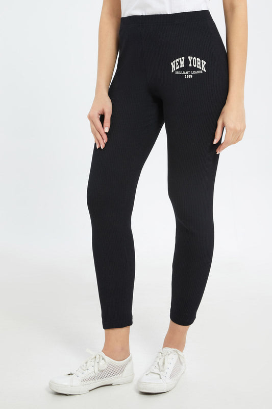 Redtag-Women-Black-Placement-Print-Ribbed-Legging-Category:Leggings,-Colour:Black,-Deals:Sale,-Dept:Ladieswear,-Filter:Women's-Clothing,-H1:LWR,-H2:LAD,-H3:TRS,-H4:LEG,-Sale-Women-APL,-Season:W22B,-Section:Women,-W22B,-Women-Leggings-Women's-