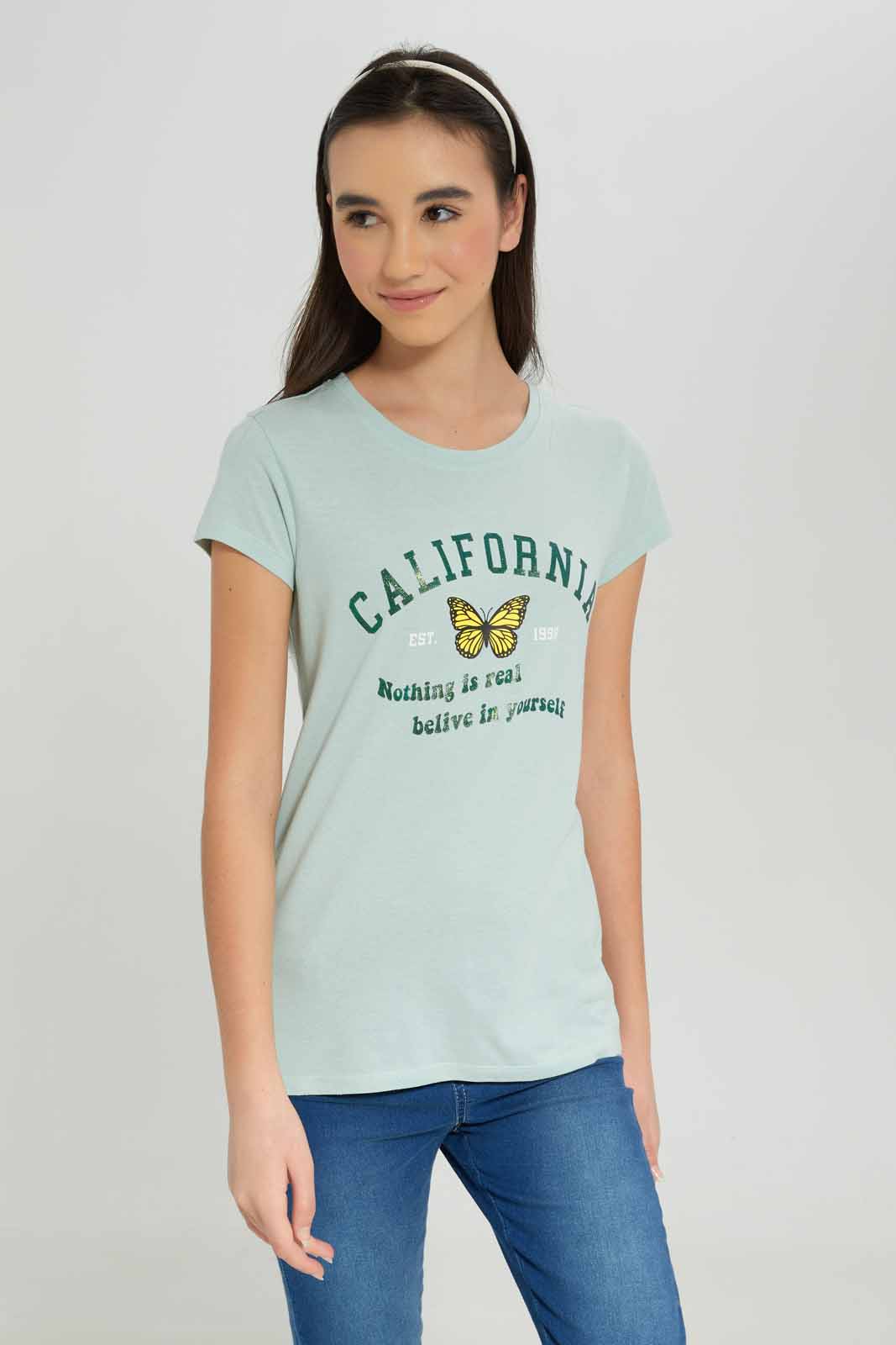 Redtag-Girls-Green-S/S-T-Shirt-Category:T-Shirts,-Colour:Green,-Deals:New-In,-Dept:Girls,-Filter:Senior-Girls-(8-to-14-Yrs),-GSR-T-Shirts,-New-In-GSR-APL,-Non-Sale,-S23A,-Section:Girls-(0-to-14Yrs),-TBL-Senior-Girls-9 to 14 Years