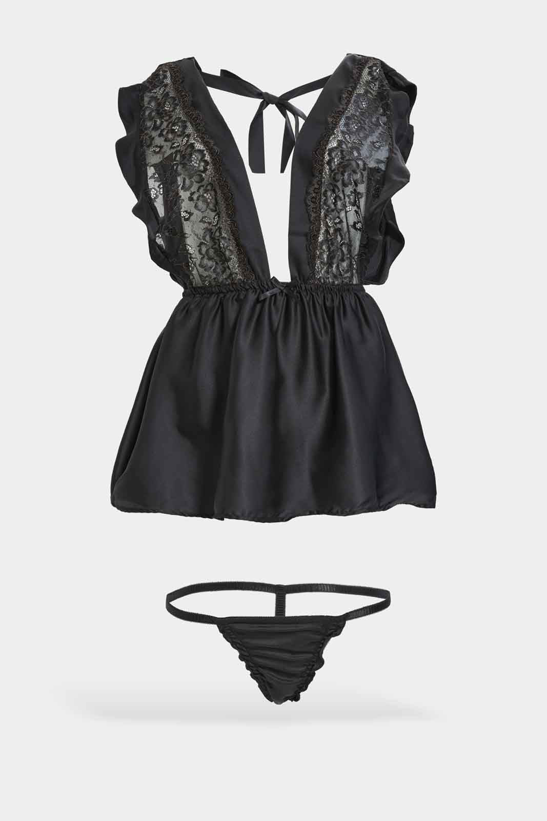 Redtag-Women-Black-Plain-Babydoll-With-Thong-Category:Babydolls,-Colour:Black,-Deals:New-In,-Dept:Ladieswear,-Filter:Women's-Clothing,-New-In-Women-APL,-Non-Sale,-S23A,-Section:Women,-Women-Babydolls--